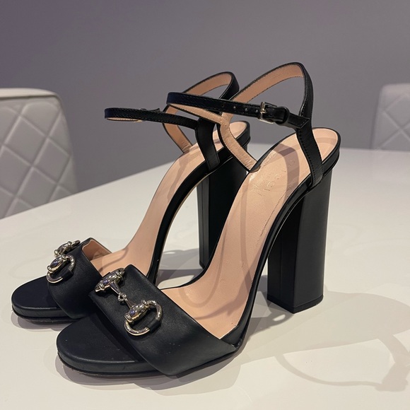 Gucci Black Leather Horsebit Ankle Strap Open Toe Block Heel Sandals Size 38 - Picture 5 of 8